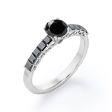 Shared Prong - 1.35 TCW Round Brilliant Cut Lab Created Black Diamond - Milgrain Bezel Engagement Ring in White Gold