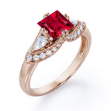 Vintage Eight Prongs 1.30 Carat Princess Cut  Lab Ruby And Diamond Marquise Framed Beaded Engagement Ring In Rose Gold