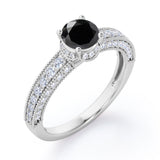 Prong Set 1.45 Carat Round Cut Black Diamond Vintage Milgrain Engagement Ring In White Gold