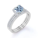 Pave 2.50 Carat Princess Cut Aquamarine and Moissanite Trio Wedding Ring Set in 18k White Gold over Silver
