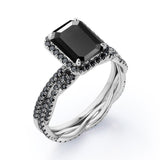 Crossover with Pave Accents - 1.75 TCW Emerald Cut Lab Created Black Diamond - Halo Bridal Ring Set in White Gold