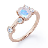 Unique 1 carat Oval Five Stone Ring With Petite Moonstone and Diamond in White Gold