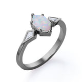 Elongated 1.10 Carat Hexagon Shaped Genuine Opal And Diamond Three Stone Trilogy Engagement Ring In Black Gold