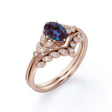 Unique Floral Design 1.50 Carat Oval Cut Lab Made Purple Alexandrite and Diamond Filigree Milgrain Wedding Ring Sets - Bridal Set Rings in White Gold for Women