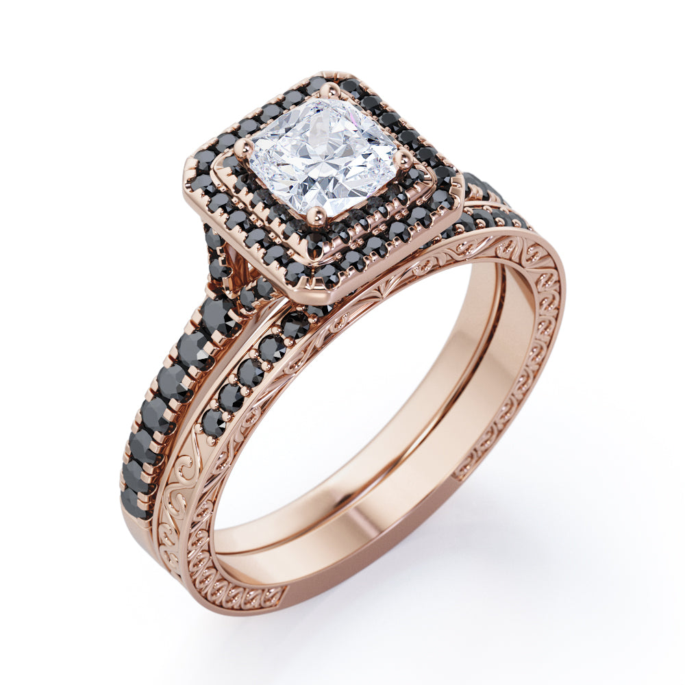 Art-Deco Pave Accented 1.7 TCW Princess Cut Moissanite with Lab Created Black Diamond Double Halo Bridal Ring Set in White Gold