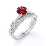Infinity Twisted Band 1.50 Carat Round Cut Lab Ruby and Diamond Art Deco Wedding Ring Set in White Gold
