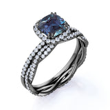 2 Ct Cushion Cut Lab Alexandrite Halo Bridal Set