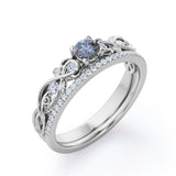 Minimalist Leaf Design 0.75 Carat Round Cut Genuine Black Grey Salt and Pepper Diamond Filigree with Diamond Pave Band Wedding Set Rings