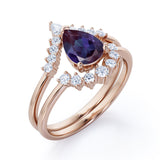 Tiara Design 1.40 Carat Pear Cut Lab Created  Alexandrite And Diamond Three Prong Unique Wedding Ring Set In White Gold