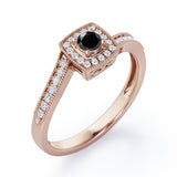 Flush-Prong Halo 1.25 Carat Round Cut Black Diamond Milgrain-Edged Pave Channel Engagement Ring in White Gold