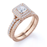 1.25 ct - Square Cut Moissanite - Pave Set - Split Band - Double Halo Engagement Ring -  Bridal Set - 18K Rose Gold over Silver