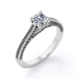 Three Sided Pave - 1.35 TCW Princess Cut Moissanite with Lab Created Black Diamond - Milgrain Decorated Engagement Ring in Rose Gold