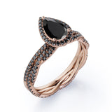 1.75 TCW Pear Shape Lab Created Black Diamond - Pave Setting - Crossover Eternity Wedding Set in White Gold