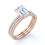 1.75 Carat emerald cut Moissanite and Diamond Trio Wedding Ring Set in 10k Rose Gold