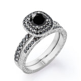 Cushion Double Halo 1.75 TCW Round Brilliant Cut Lab Created Black Diamond Bridal Set with Pave Accents in White Gold