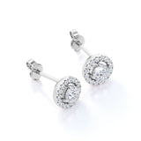 Half Bezel Set 1.10 Carat Round Certified Moissanite and Diamond Under Halo Modern Stud Earrings in White Gold