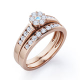 Flower Cluster Design 0.5 TCW Round-Shaped Moonstone and Moissanite Flush-Channel Bridal Ring Set in Rose Gold