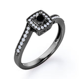 Flush-Prong Halo 1.25 Carat Round Cut Black Diamond Milgrain-Edged Pave Channel Engagement Ring in White Gold