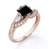 Classic Eight Prongs 1.30 Carat Princess Cut Black Diamond Marquise Framed Vintage Engagement Ring In Rose Gold