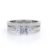 1.25 Carat Princess Cut Moissanite And Diamond Three Stone Wedding Ring Set In White Gold