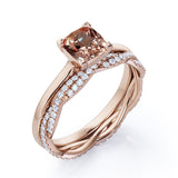 1.50 Carat Cushion Cut Peach Morganite and Diamond Wedding Ring Set in 10k White Gold