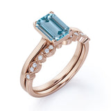Bestselling 1.25 Carat emerald cut Aquamarine and Diamond Wedding Ring Set in White Gold