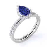 1.5 Carat Pear Cut Sapphire and Diamond Wedding Ring Set in 10k White Gold for Modern Brides