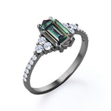 Four Prong 1.45 Carat Hexagon Shaped Lab Created Alexandrite And Diamond Pave Engagement Ring In White Gold