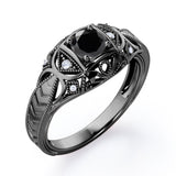 Square Framed  1.05 Carat Round Cut Black Diamond Vintage Filigree Engagement Ring In White Gold
