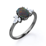 Butterfly style 1.25 Carat Oval Cut Natural Black Fiery Opal And Diamond Nature Inspired Engagement Ring In White Gold