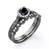 1.3 Carat Round Cut Lab Grown Black Diamond Halo Wedding Ring Set In White Gold