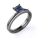 4 Prong Solitaire 1.25 Carat Princess Cut Simulated Alexandrite and Diamond Pave Bridal Set Rings