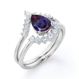 Tiara Design 1.40 Carat Pear Cut Lab Created  Alexandrite And Diamond Three Prong Unique Wedding Ring Set In White Gold