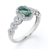 Twisted 1.45 Carat Oval Cut Green Moss Agate And Diamond Halo Engagement Ring In Black Gold