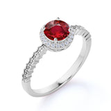 Pave Set 1.50 Carat Round Cut Lab Ruby and Diamond Halo Engagement Ring in White Gold