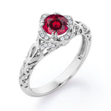 Modern Art Deco 1.10 Carat Round Cut  Lab Ruby And Diamond Cushion Framed Halo Engagement Ring In White Gold