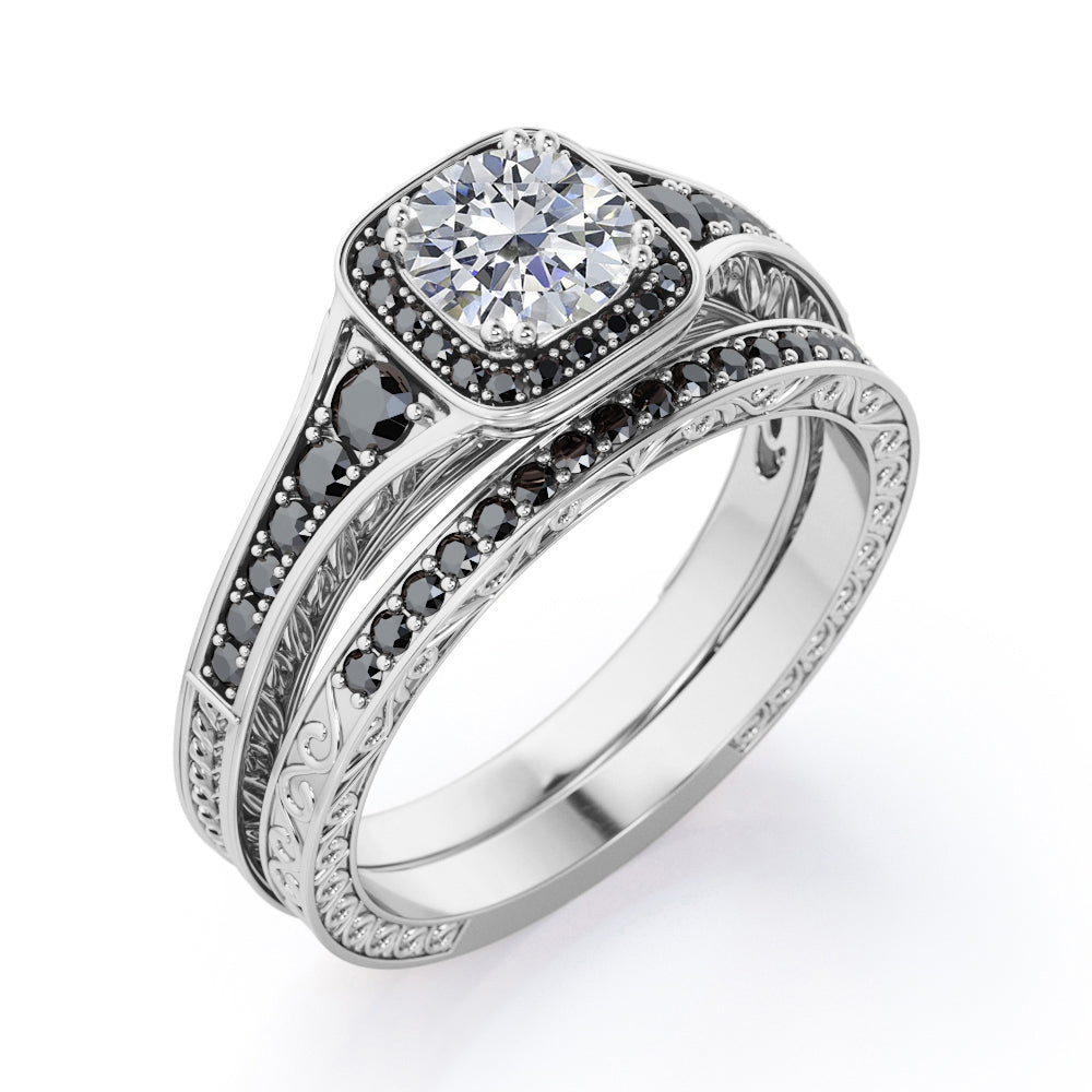 Filigree Pave Channel 1.6 TCW Round Moissanite with Lab Created Black Diamond Double Prong Cluster Wedding Set in Black Gold