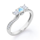 Scale Bridge Accent 0.65 carat Princess Moonstone and Moissanite Twisted Wave Engagement Ring in White Gold