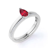 Classic Minimalist Prong Set 1.25 Carat Pear Cut Lab Ruby and Diamond Micro Pave Wedding Ring Set in White Gold
