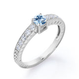 1.10 Carat Round Cut Aquamarine And Diamond Antique Engagement Ring In White Gold