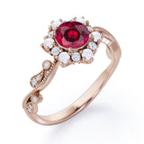 Floral Halo 0.7 carat Round Lab-Created Ruby and Diamond Engagement Ring in White Gold