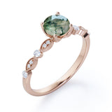 Art Deco 1 Carat Round Moss Agate and Moissanite Scalloped Engagement Ring in White Gold