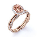 Unique 1.75 Carat Oval Cut Peach Morganite and Diamond Wedding Bridal Ring Set in 10k Rose Gold Affordable Ring