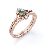 Heart Split Shank 0.6 carat Round Moss Green Agate and Moissanite Wedding Set in White Gold