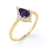 Simple Antique 5 Stone 1.25 Carat Pear Shaped Synthetic Purple Alexandrite and Diamond Halo Engagement Ring in White Gold for Women