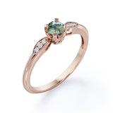 Prong Basket 1.25 Carat Round Cut Solid Druzy Moss Green Agate and Diamond Pave Milgrain Engagement Ring