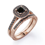 Filigree Scalloped Pave 1.65 TCW Princess Cut Lab Created Black Diamond Double Halo Style Wedding Ring Set in White Gold