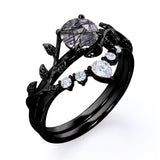 Nature Inspired 1.15 Carat Round Cut Solid Black Rutile Clear Crystal Quartz Leaf Style Five Stone Wedding Ring Set In White Gold