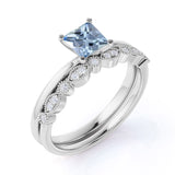 Vintage 1.50 ct Princess Aquamarine Solitaire Bridal Set