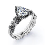 Eternity Crossover 1.75 TCW Pear Shaped Moissanite with Lab Created Black Diamond Halo-Vintage Style Wedding Ring Set in White Gold